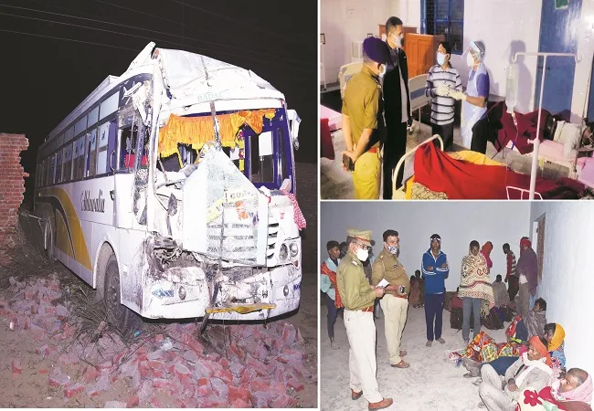 मुरादाबाद : कैंटर की टक्कर के बाद दीवार से जा टकराई थी बस