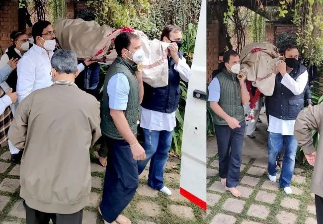 राहुल गांधी ने कैप्टन सतीश शर्मा की अर्थी को दिया कंधा, दो दिन पहले हुआ था निधन