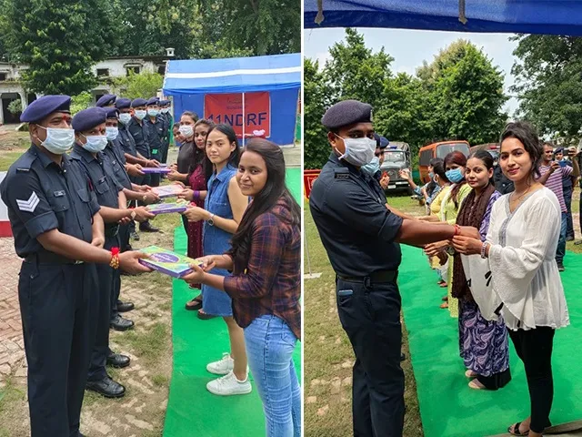 गोरखपुर: एनडीआरफ जवानों की कलाइयों पर बहनों ने बाधा रक्षा सूत्र