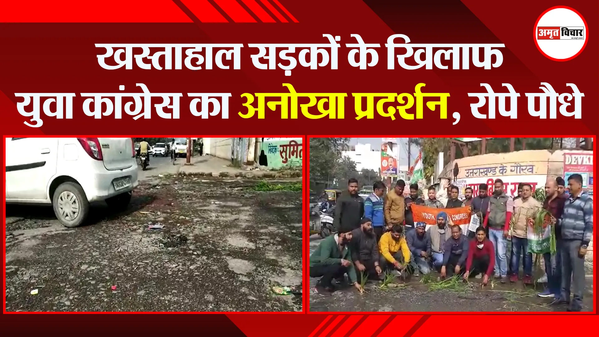 हल्द्वानी: खस्ताहाल सड़कों के खिलाफ युवा कांग्रेस का अनोखा प्रदर्शन, रोपे पौधे