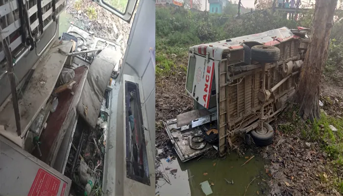बहराइच: लखनऊ आ रही एंबुलेंस गड्ढे में पलटी, चालक और ईएमटी घायल