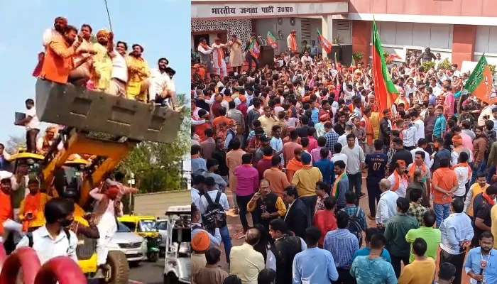 लखनऊ: फिर भगवामय हुआ यूपी, बुलडोजर से पार्टी कार्यालय पहुंचे कार्यकर्ता