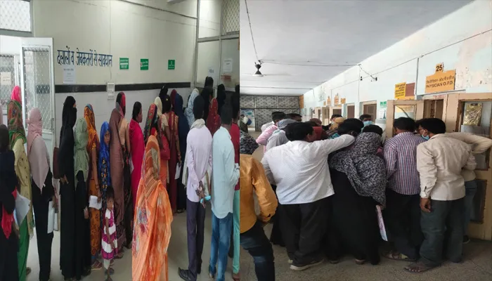 बहराइच: आसपास के जिलों में बढ़ रहा कोरोना, अस्पताल में बिना मास्क के लगी भीड़