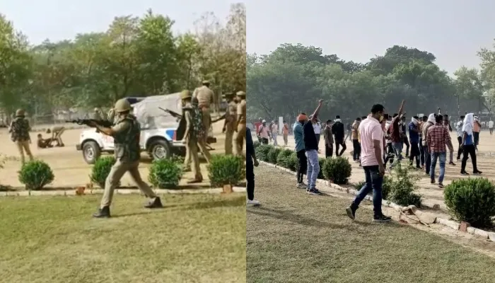 बाराबंकी: पुलिस लाइन में पुलिसकर्मियों ने किया बलवा ड्रिल का अभ्यास