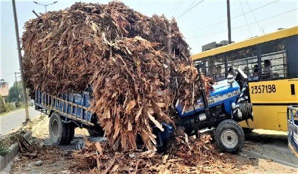 रामपुर : ओवरलोड लकड़ी से भरी ट्रैक्टर-ट्राली दो हिस्सों में बंटी, खंभा टूटा