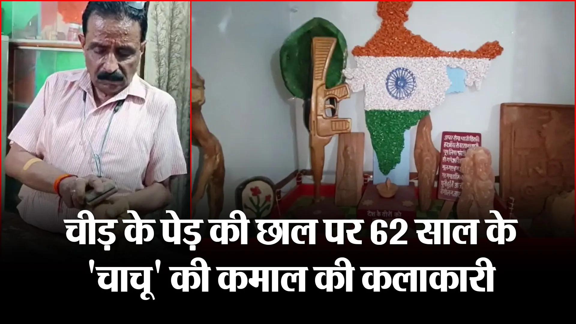 हल्द्वानी: चीड़ के पेड़ की छाल पर 62 साल के ‘चाचू’ की कमाल की कलाकारी