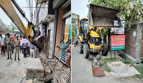 मुरादाबाद: अतिक्रमण के खिलाफ गरजी पालिका की जेसीबी, दुकानों के छज्जे ढहाए