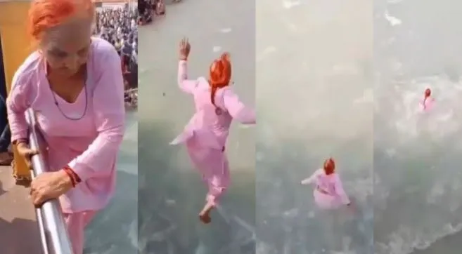Video में देखें, डेयरिंग दादी का हैरतअंगेज स्टंट, हर की पौड़ी पर गंगा में पुल से लगाई छलांग