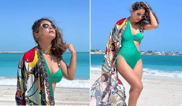 Hina Khan Photos : ग्रीन मोनोकनी में हिना खान का हॉट लुक, समुद्र किनारे दिए सिजलिंग पोज