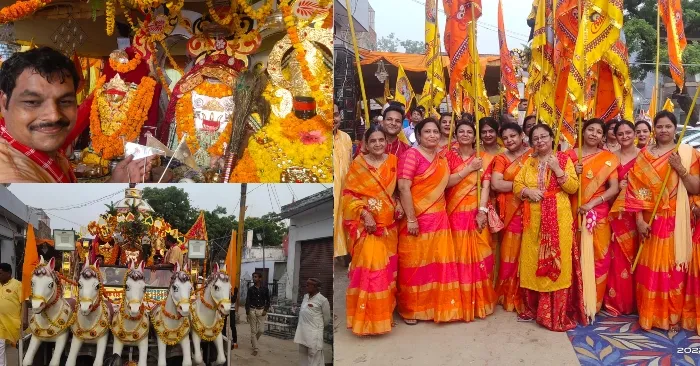 बहराइच: त्रिदेव मंदिर की प्राण प्रतिष्ठा की संध्या पर निकाली गई निशान शोभा यात्रा