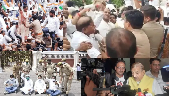 बैरिकेडिंग फांदकर राजभवन पहुंचने की कांग्रेसियों ने की कोशिश, पुलिस ने दर्जनों नेताओं को किया हाउस अरेस्ट