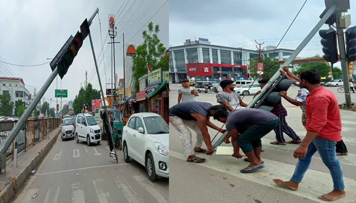 लखनऊ : अज्ञात वाहन की ठोकर में ट्रैफिक सिग्नल “क्लीन बोल्ड”… जानें पूरा मामला