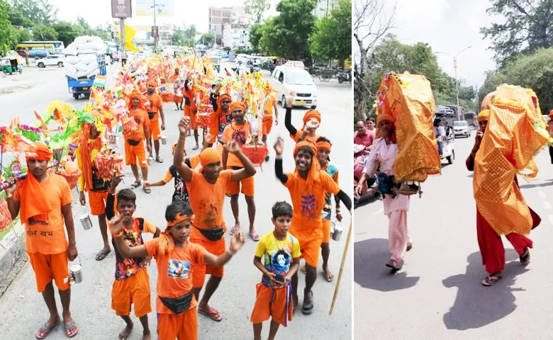 बरेली: शहर भर में शिव भक्ति की धूम, नाचते-गाते सड़कों पर गुजरा कांवड़ियों का जत्था