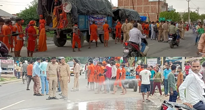हरदोई: सड़क पर तालाब का गंदा पानी देख भड़के कांवड़िये, कटरा बिल्हौर हाईवे पर लगाया जाम