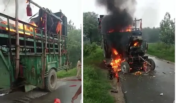 रामपुर : ट्रैक्टर-ट्रॉली के नीचे आने से बाइक सवार कांवड़िए की मौत, गुस्साए साथियों ने ट्रैक्टर-ट्रॉली में लगाई आग