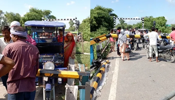 बाराबंकी: बंद रेलवे क्रॉसिंग गेट से भिड़ा ई-रिक्शा, घंटों जाम रहा मुख्य मार्ग