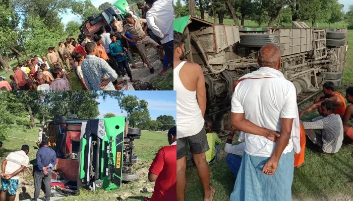 बहराइच: सवारियों को ले जा रही डबल डेकर बस पलटी, 13 यात्री घायल
