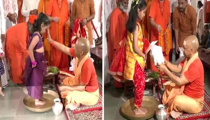 महानवमी पर सीएम योगी ने किया कन्या पूजन, मातृशक्ति के पखारे पैर, खिलाया भोजन