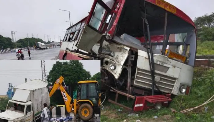 इटावा: दुर्घटनाग्रस्त पिकअप से टकरा कर रोडवेज बस गड्ढे में घुसी, दो यात्री घायल