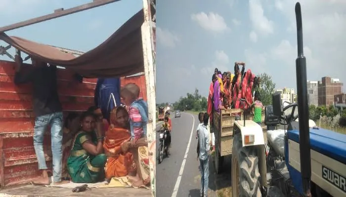 बहराइच: दूसरे दिन ही सीएम के आदेश की अनदेखी, ट्रैक्टर-ट्रॉली और पिकअप में दिखे यात्री