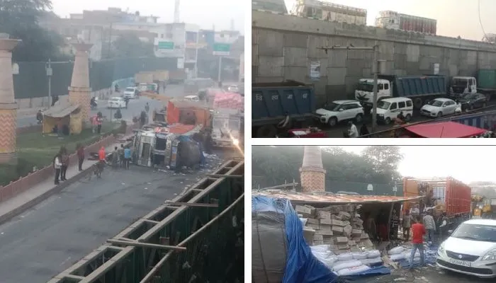 Kanpur से Lucknow जा रहा ट्रक हाईवे पर पलटने से लगा भीषण जाम, रेंग-रेंगकर कर चलते रहे वाहन