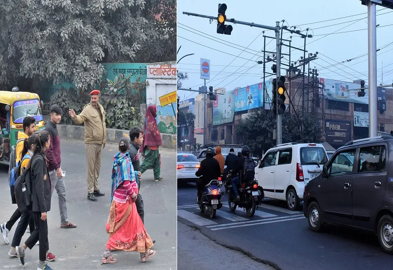 मुरादाबाद : चौराहे पर ट्रैफिक लाइट बंद, अब भी हाथ के इशारे से बढ़ा रहे वाहन