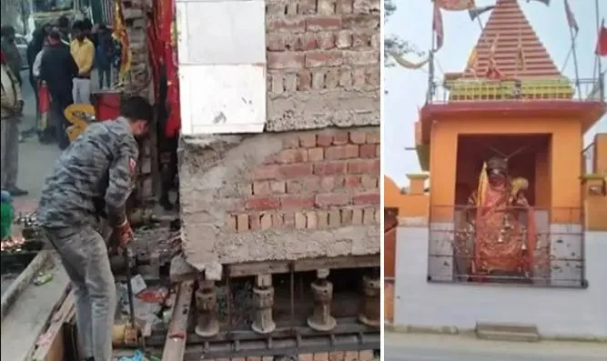 शाहजहांपुर: राजमार्ग में बाधा बन रहे हनुमान मंदिर को एक फीट पीछे हटाया