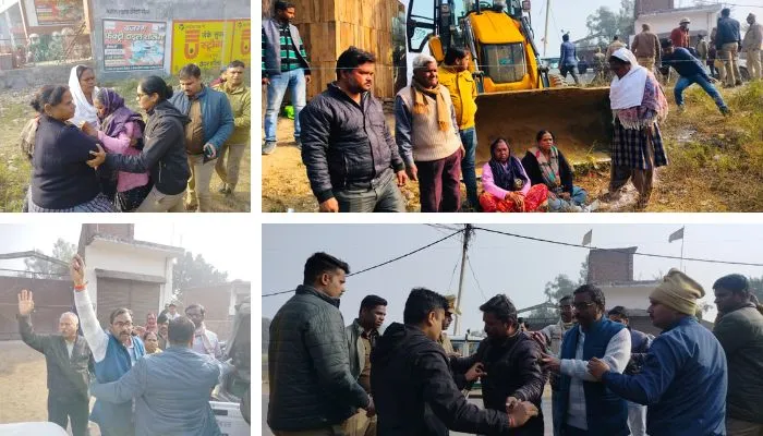 Farrukhabad : विवादित जमीन की पैमाइश के बाद चिह्नांकन को लेकर हुआ विवाद, जेसीबी के आगे बैठीं महिलाएं, पुलिस से धक्कामुक्की