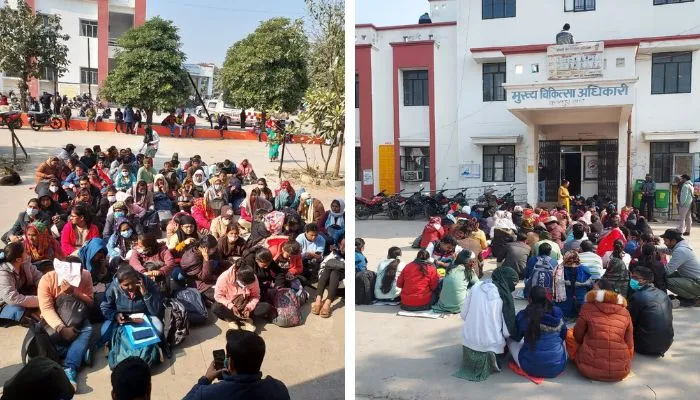 Kanpur : NHM कर्मियों ने दो माह का वेतन नहीं मिलने पर CMO ऑफिस के बाहर दिया धरना, कार्य बहिष्कार की दी चेतावनी