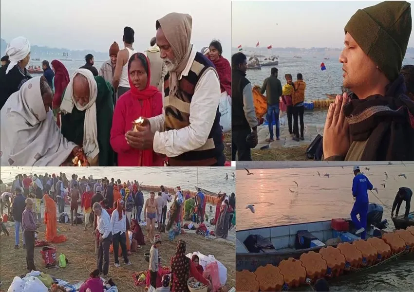 प्रयागराज: माघ मेले में शामिल होने आए लाखों श्रद्धालु त्रिजटा स्नान कर लौटे