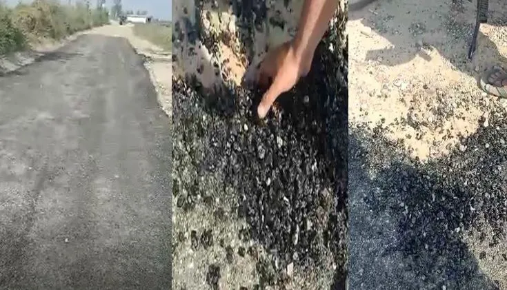 पीलीभीत: हाथों से ही उखड़ती चली गई सड़क, देखें वीडियो