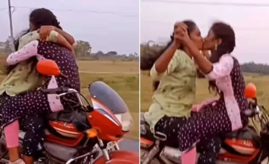 Viral Video: चलती बाइक पर स्टंट के दौरान लड़कियों ने किया Kiss, किसिंग सीन को देखकर यूजर्स हैरान  