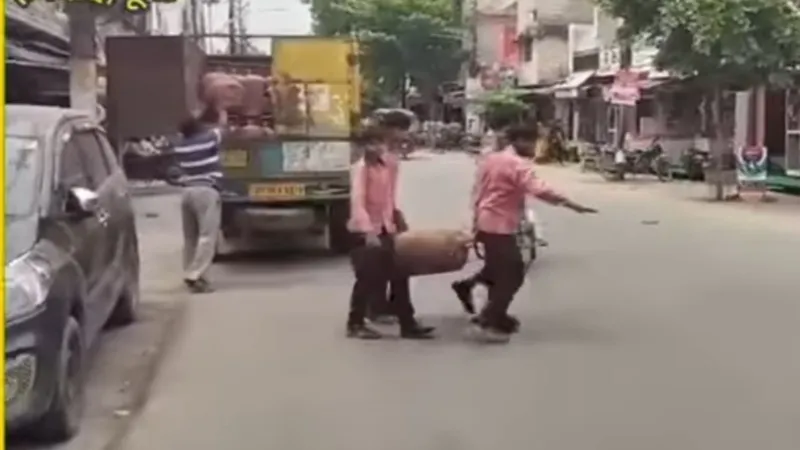 हरदोई: जान जोखिम में डाल परिषदीय स्कूल के बच्चे ढो रहे सिलेंडर