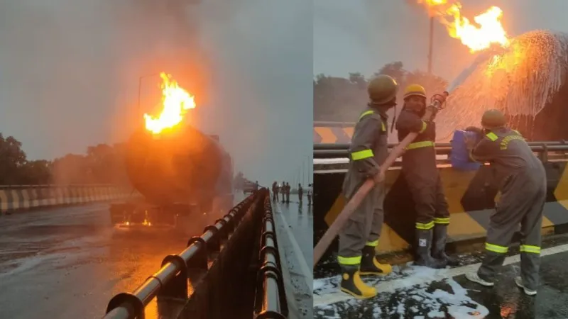 रौजागांव ओवर ब्रिज पर LPG टैंकर में गैस रिसाव से लगी आग, फोम टेंडर से पाया गया काबू