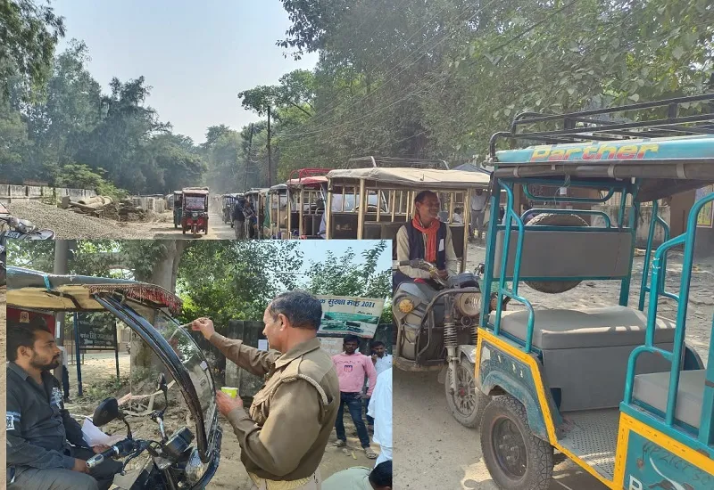 मुरादाबाद : ई-रिक्शा में जोन, रूट नंबर अंकन को लेकर उमड़ी भीड़, सिविल लाइन चौराहे के आसपास वाहनों की लगी लंबी लाइन