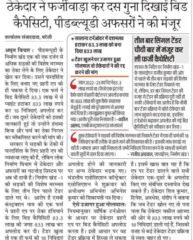 बरेली: सड़कों के ठेके के लिए दस गुना बिड कैपिसिटी के मामले में एक्सईएन तलब