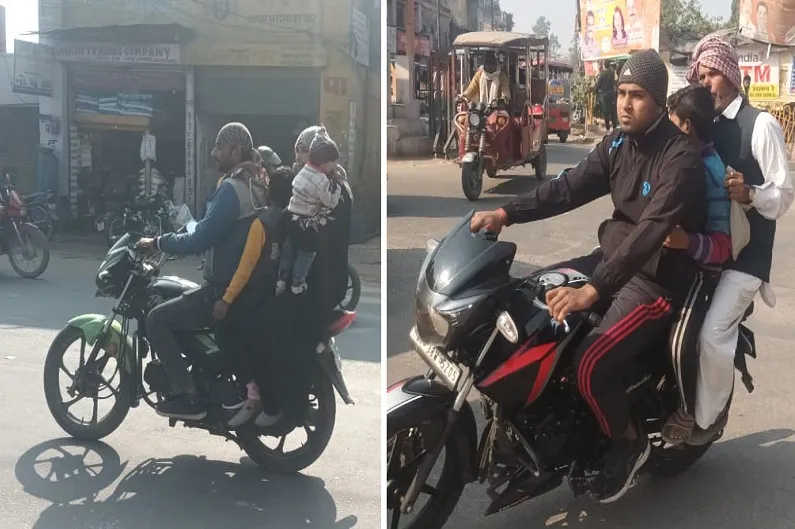 संभल : बाइकों पर खूब हो रही ट्रिपल राइडिंग, हेलमेट भी नहीं