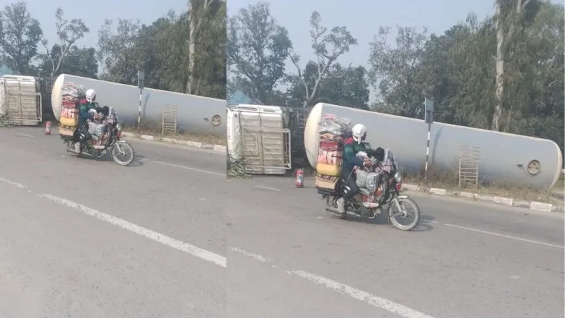 गोंडा: डिवाइडर से टकराकर पलटा एलपीजी टैंकर, बड़ा हादसा टला