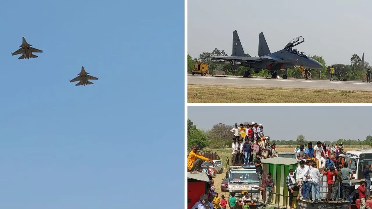 उन्नाव की धरती पर तेज गर्जना के साथ उतरे जेट फाइटर; करतब दिखाते हुये आसमान में हो गये गुम, लोगों में दिखा उत्साह 