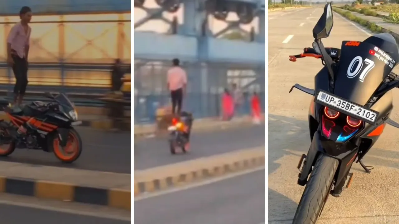 Kanpur: गंगा बैराज पर स्टंटबाजी...खुद के साथ लोगाें की जान भी खतरे में डाली, KTM बाइक में खड़े होकर युवक का खतरनाक स्टंट