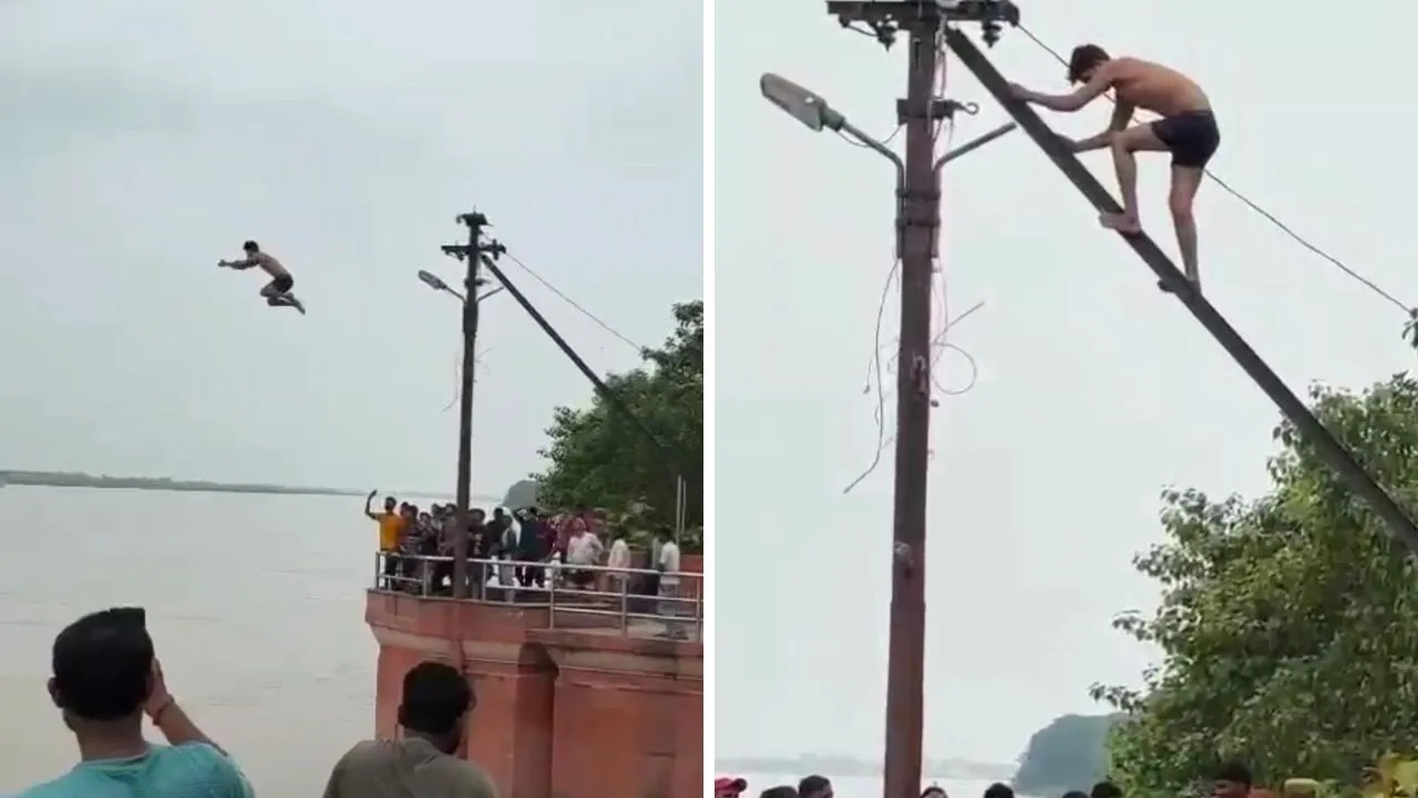 कानपुर में मौत का स्टंट कर रहा युवक: खंभे पर खड़े होकर गंगा में लगाई छलांग...घटना का VIDEO सोशल मीडिया में वायरल