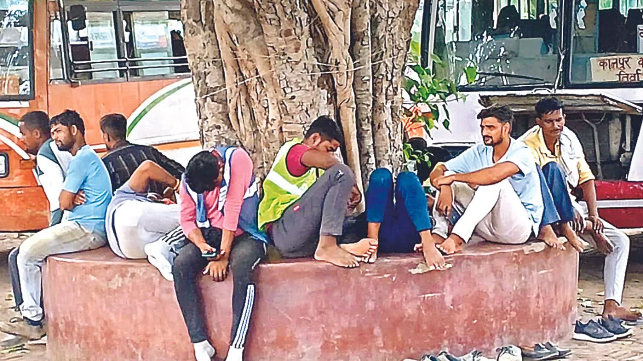 Kanpur News: रावतपुर बस अड्डा पर पेड़ के नीचे बैठे यात्री...रोडवेज की बसें पेड़ के नीचे