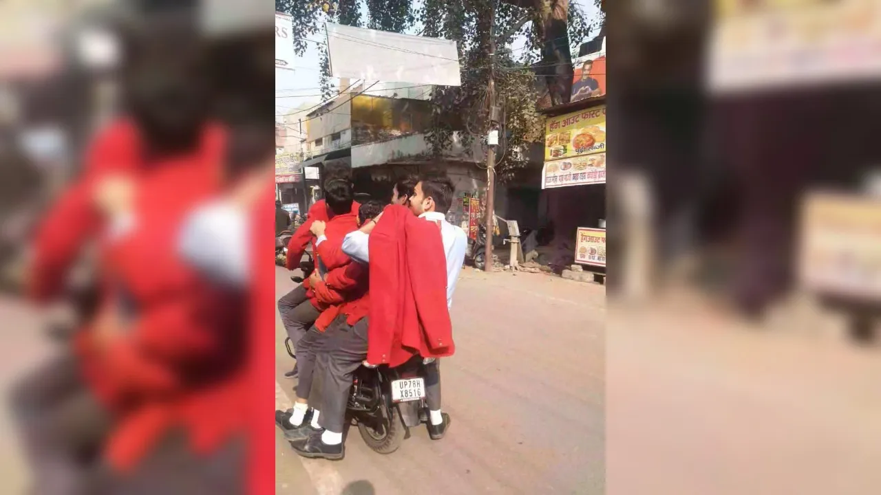 Kanpur: बाइक पर सवार दिखे 6 स्कूली बच्चे; जान जोखिम में डाल यातायात नियमों की उड़ाई धज्जियां, देखें- VIDEO 
