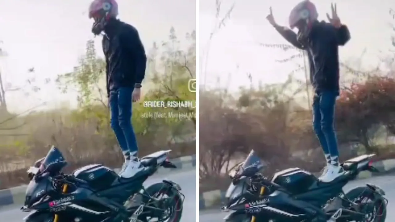 VIDEO: इटावा में युवक ने चलती बाइक पर किया जानलेवा स्टंट, पुलिस ने काटा 15 हजार रुपये का चालान