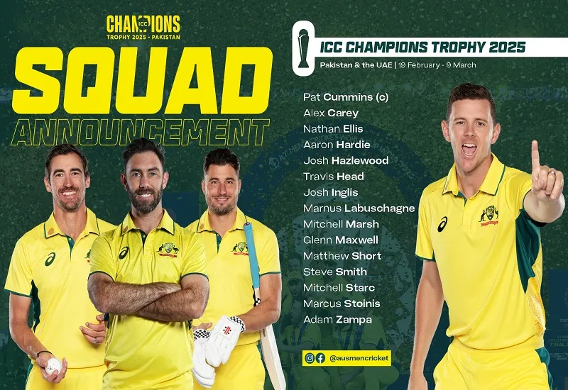 चैंपियंस ट्रॉफी के लिए ऑस्ट्रेलियाई टीम का ऐलान, चोट के बावजूद पैट कमिंस-जोश हेजलवुड को टीम में मिली जगह 