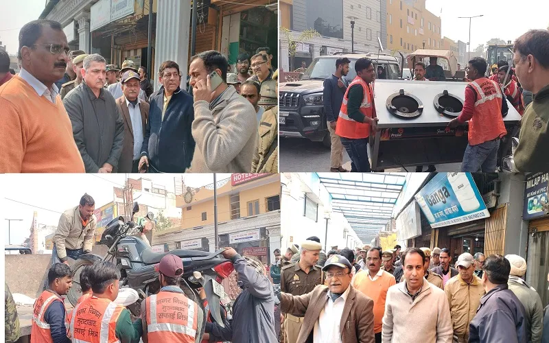 मुरादाबाद : नगर निगम की टीम ने बुध बाजार क्षेत्र में सड़क की पटरियों पर से हटवाया अतिक्रमण, व्यापारियों ने की नोकझोंक