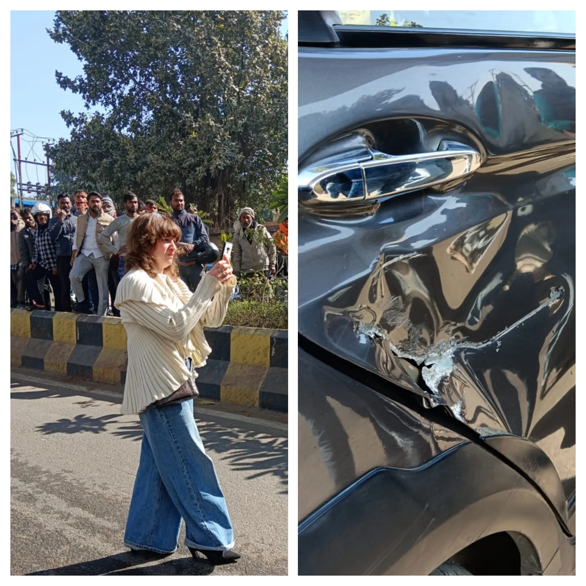 कानपुर में डंपर की टक्कर से कार क्षतिग्रस्त...हंगामा: रशियन महिला समेत तीन बाल-बाल बचे, हादसे के बाद लगा जाम