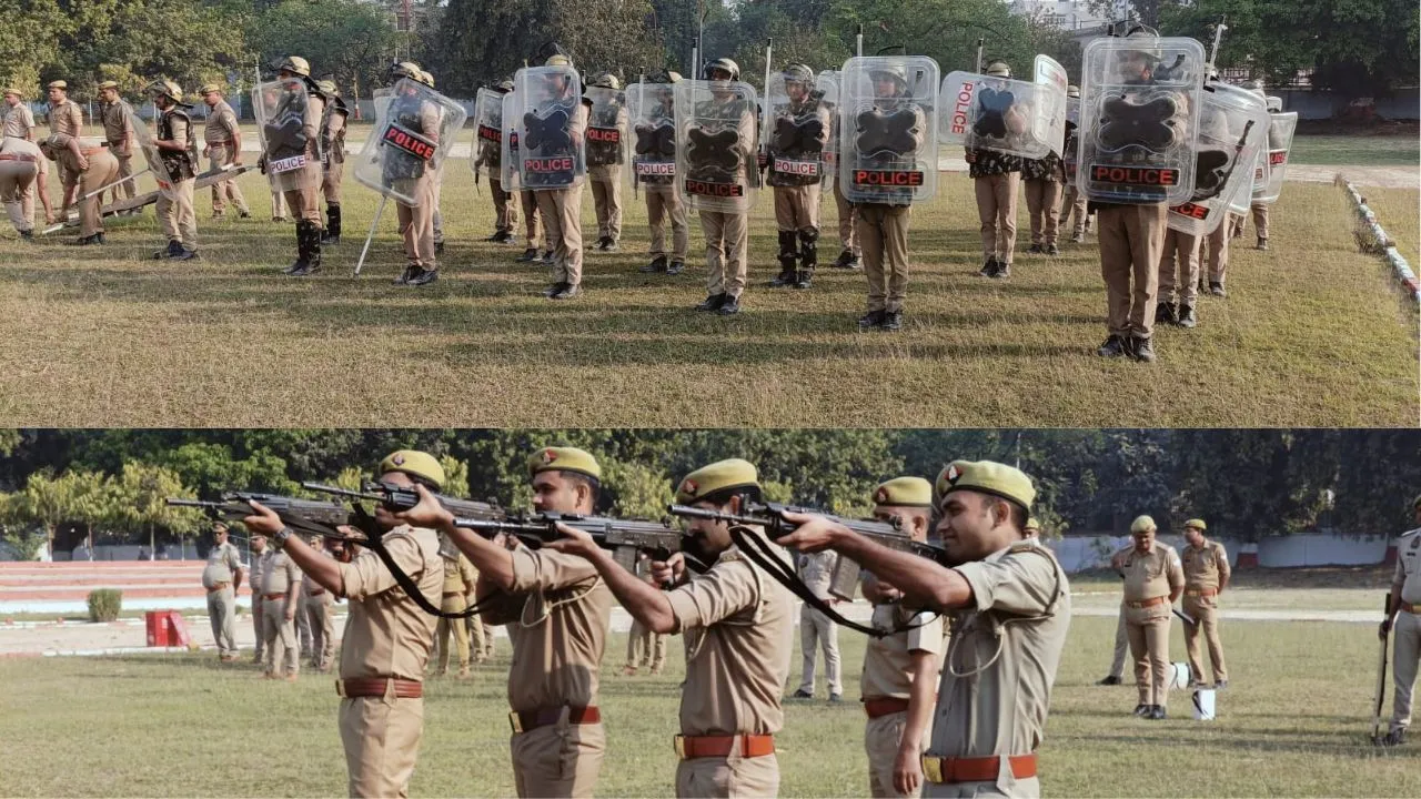 लखीमपुर खीरी: पुलिस ने दंगा नियंत्रण अभ्यास में दिखाई तैयारी, एंटी-राइट गन का किया प्रदर्शन