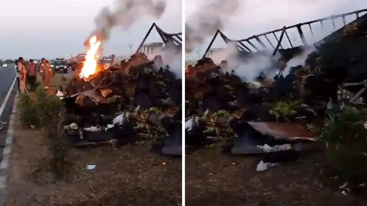 Jalaun में डीसीएम चालक की जलकर मौत: टायर फटने से ट्रक में घुसी डीसीएम में लगी आग, क्लीनर ने कूदकर बचाई जान 