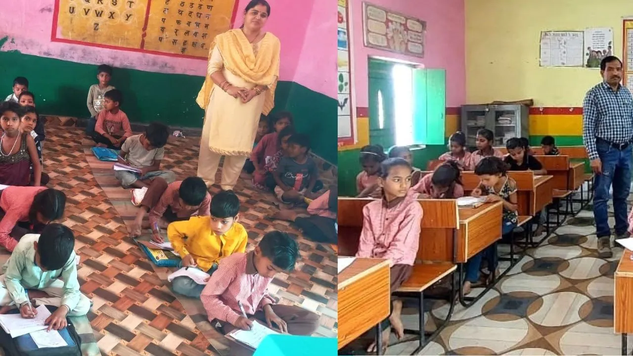 लखीमपुर खीरी में वार्षिक परीक्षा में छात्रों को बैठने के लिए नहीं मिले बेंच, जमीन पर बैठकर दी परीक्षा